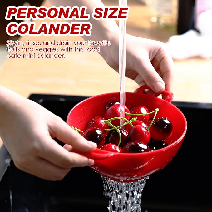 Baderke 4 Pack Mini Colander for Kitchen Plastic Berry Strainer with Double Handles 7.5 x 6 x 3 Inch Small Colander Strainer for Fruits Vegetables Food (Red)