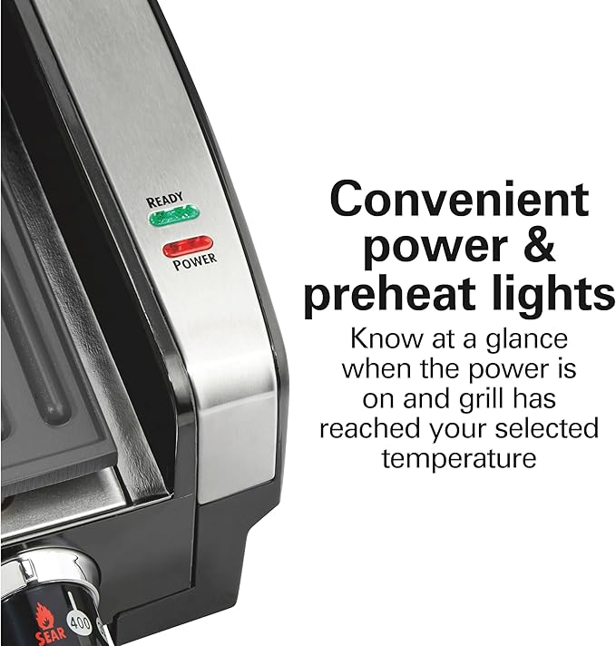 Hamilton Beach Electric Indoor Searing Grill with Viewing Window & Adjustable Temperature Control to 450F, 118 sq. in. Surface Serves 6, PFAS-Free Removable Nonstick Grate, Stainless Steel