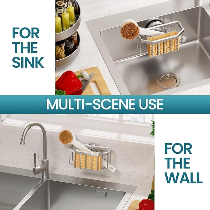 TAILI Sponge Holder for Kitchen Sink with Strong Suction Cup Removable, Rustproof Aluminum Sink Caddy for Sponge, Brush, Scrubber, Scraper -Silver