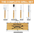 Retirement Gifts for Men, Retired Gift for Dad, Grandpa, Coworker, Retirees Heavy Duty Wooden BBQ Grill Accessories Kit, Thick Stainless Steel Grill Utensil with Non-Slip Handle Tools in Portable Box