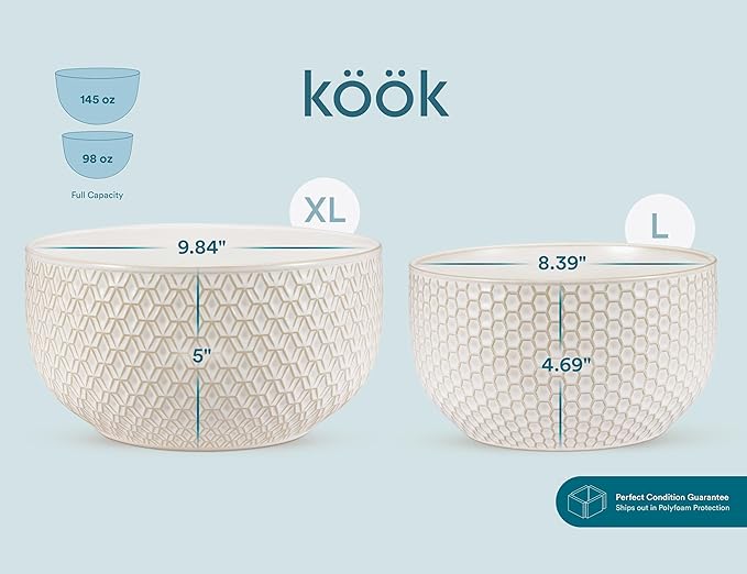 KooK Ceramic Mixing Bowls, Nesting Set of 4, Embossed Kitchen Dishware, Prep, Serving, Gift, Microwave and Dishwasher Safe, 20/44/98/145 oz, Narbonne Collection (Ivory)