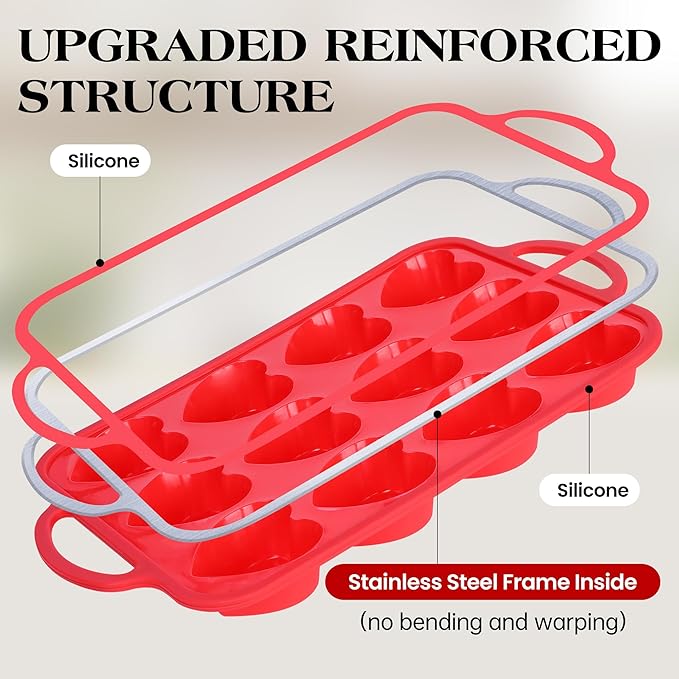 2 Pcs Heart Shaped Muffin Pan with Metal Reinforced Frame 12 Cup Nonstick Silicone Heart Cake Mold for Baking 2.5 Inch Cupcake Tray (Red)