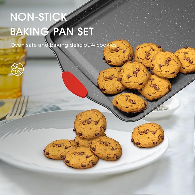 11-Piece Nonstick Stackable Baking Pans Set, Toxin-Free Bakeware Sets, Baking Pan Set with Silicone Handles, Includes Cookie Sheets, Loaf Pan, Pizza Pan, Muffin Pan, Red&Black