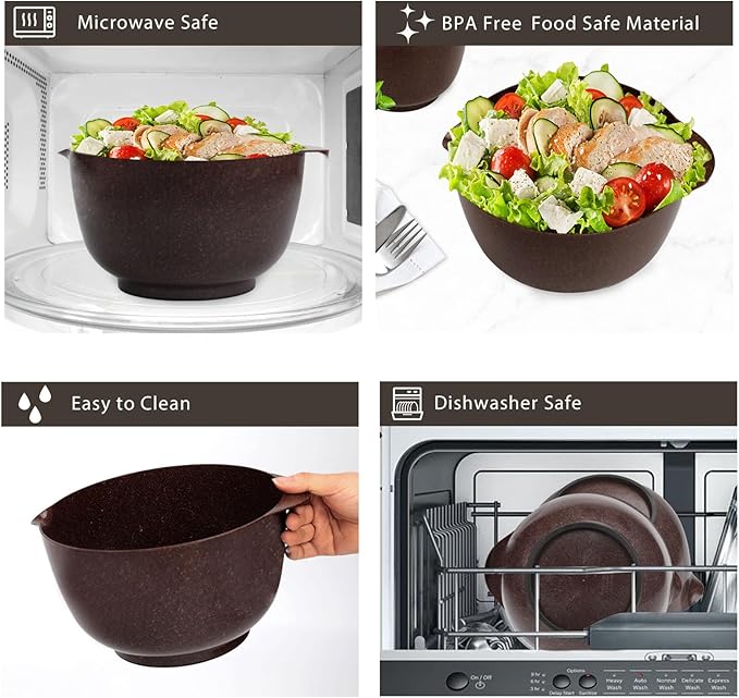 BoxedHome 4 Quart Large Plastic Mixing Bowls, Microwave Safe Mixing Bowl Set with Pour Spout, Nesting Bowls for Space Saving Storage(coffee)