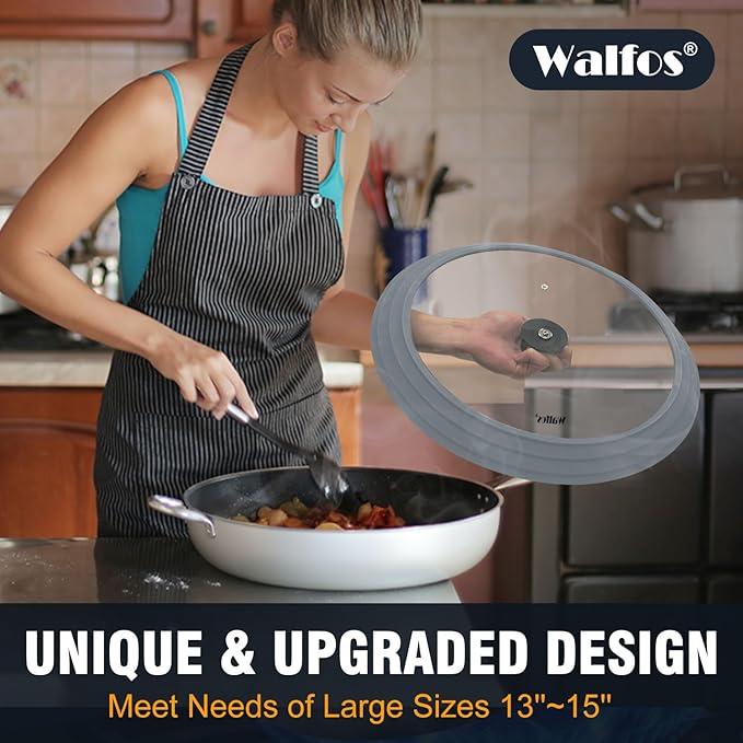 Walfos Universal Lid for 13", 14" and 15" Diameter Cookware - Tempered Glass Pan Lid with Heat Resistant Silicone Rim, BPA Free Pot Lids, Fits Pots, Pans and Skillets, Dishwasher-Safe, Gray
