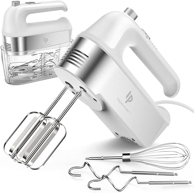 Hand Mixer Electric, 450W Kitchen Mixers with Scale Cup Storage Case, Turbo Boost/Self-Control Speed + 5 Speed + Eject Button + 5 Stainless Steel Accessories, For Easy Whipping Dough, Cream, White