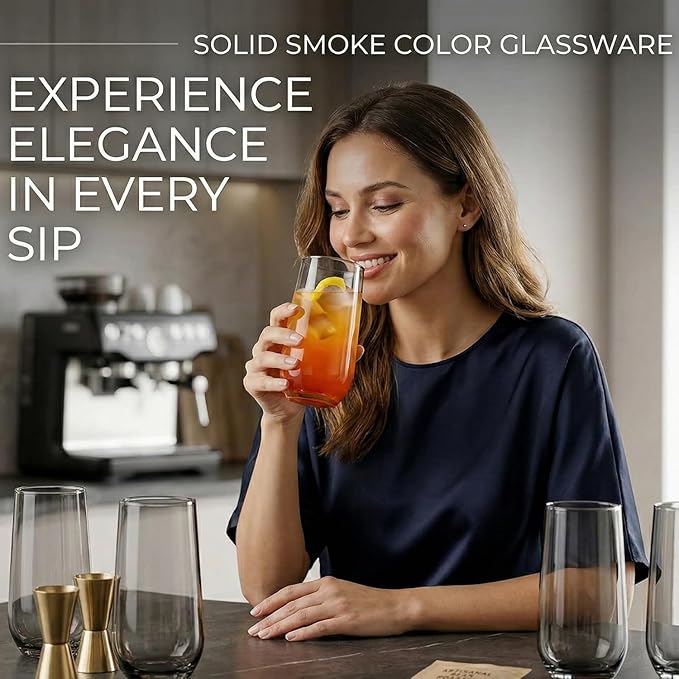 Smokey Sand Drinking Glasses Set of 6 | Translucent Brown Glassware | 16 oz Brown Glass Cups | Highball Drinkware for Cocktails, Long Drink, Mojito, Juice, Soda | Modern Tortoise Drinkware