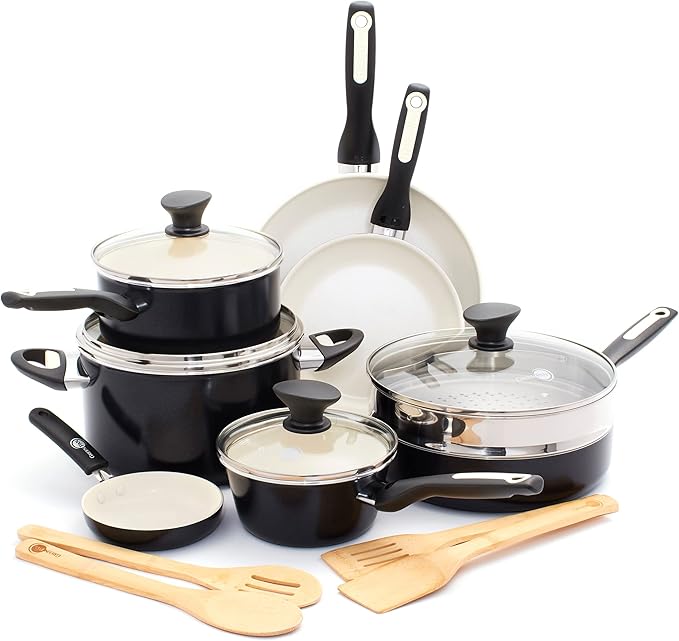 GreenPan Rio 16 Piece Cookware Pots and Pans Set, Hard Anodized Healthy Ceramic Nonstick PFAS-Free, Bakelite Handles, Frypans, Saucepan, Saute Pan, Stock Pot, Kitchen Tools, Dishwasher Safe, Black