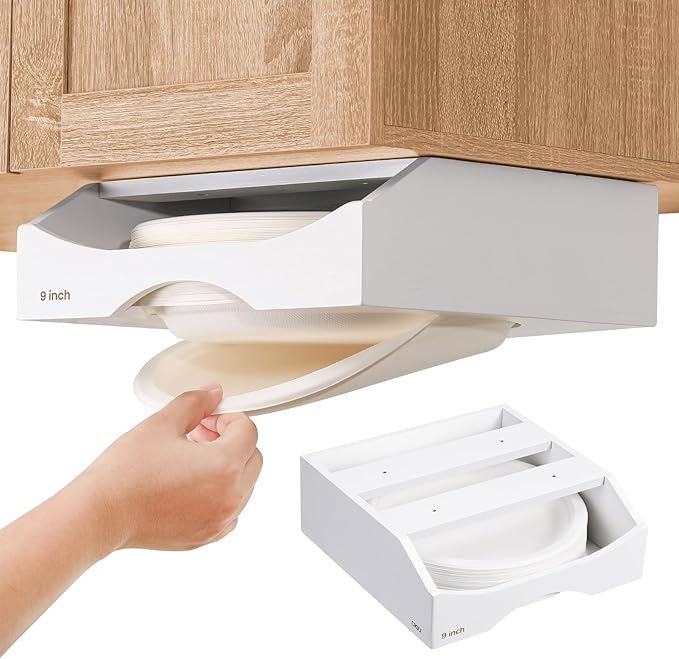 9-inch Paper Plate Dispenser Under Cabinet, Bamboo Paper Plate Holders, Kitchen Counter Vertical Plate Dispensers Holders Countertop Caddy(For 9-inch Plates, White)
