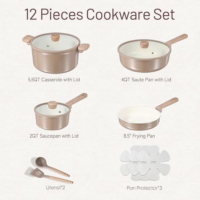 CAROTE 12Pcs Ceramic Pots and Pans Set Non Stick, Healthy Cookware Set, PFAS/PFOA Free, Kitchen Cooking Set with Frying Pans, Taupe