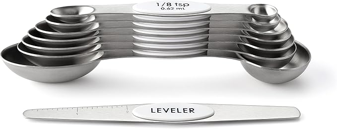 Spring Chef White Stainless Steel Magnetic Measuring Spoons Set of 8 with Leveler, Dual Sided Metal Teaspoon & Tablespoon Measuring Spoons, Fits in Spice Jars, Kitchen Gadgets for Baking & Cooking
