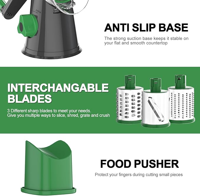 Cambom Rotary Cheese Grater Hand Crank Cheese Shredder for Fresh Cheese, Vegetable, Nuts,Non-slip Suction Base, Free Cleaning Brush Three Blades, Grey and Green