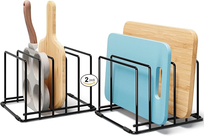 Space-Saving Kitchen Organizer Rack - 5-Slot Heavy-Duty Cutting Board and Bakeware Holder, Rust-Resistant with Anti-Slip Feet for Countertop or Cabinet Storage - 2 pack