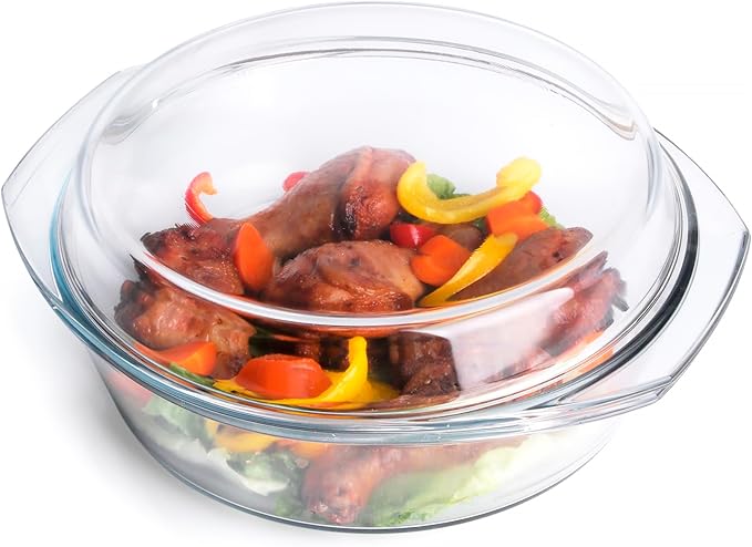 Round Tempered Glass Casserole Dish with Lid, Glass Casserole Baking Dish for Oven, Freezer and Dishwasher Safe - 3QT