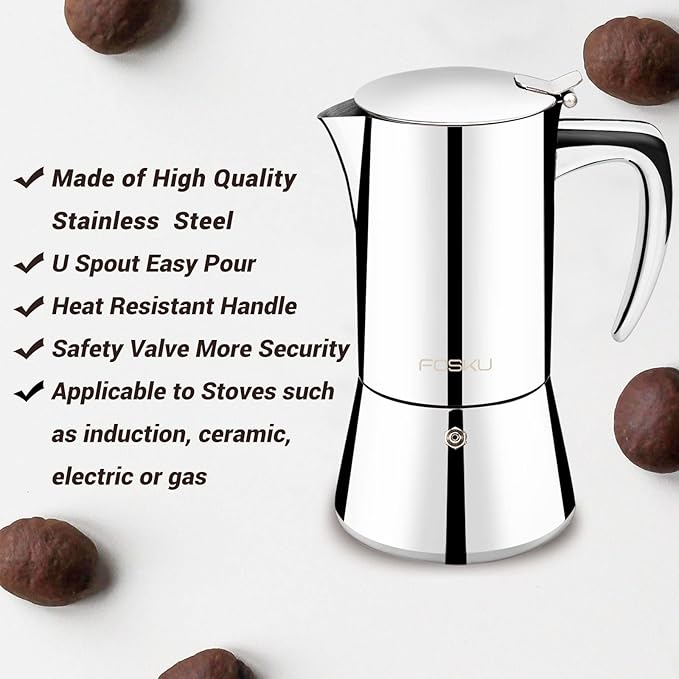 Stovetop Espresso Maker, Stainless Steel Moka Pot, Italian Style Coffee Maker, Espresso Pot For 6 Cups, 300ml (Silver)