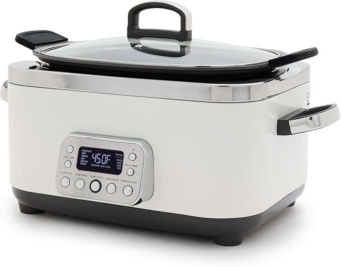 GreenPan Elite 14-in-1 Nonstick 6QT Electric Slow Cooker, PFAS-Free Ceramic Multi-Cooker, In-Pot Browning, Dishwasher Safe Lid & Removable Crock, Stainless Steel Steamer, Silicone Handles, White