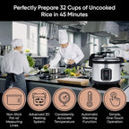 Commercial Stainless Steel Rice Cooker - Professional 64 Cup Cooked (32 Cup Uncooked) Rice Maker Cooker With Non Stick Pot & Hinged Lid - Includes a Rice Measuring Cup & Rice Scoop
