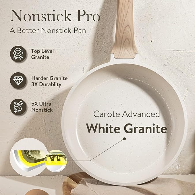 CAROTE 12 Inch Non Stick Frying Pan with Lid,White Granite Nonstick Skillet Omelet Pans, Egg Pan Granite Cookware, PFOS & PFOA Free