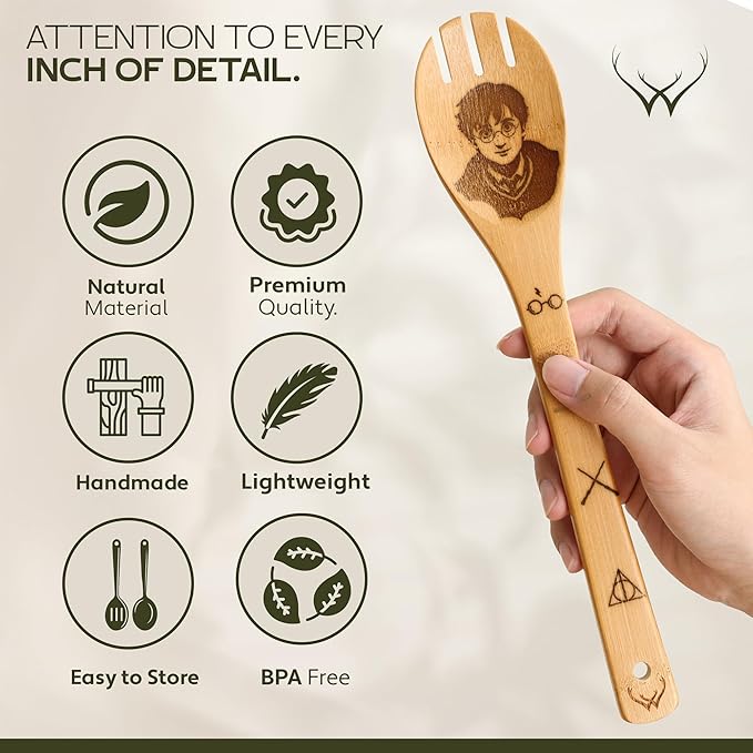 Harry Gifts for All Potter Fans Wooden Spoons for Cooking - 6-Piece Wooden Utensil Set with Spatulas & Spoons, Heat-Resistant, Eco-Friendly Kitchen Utensils for Non-Stick Cookware