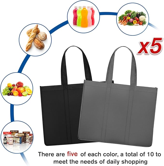 WISELIFE Reusable Grocery Shopping Bags 10 Pack Large Foldable Tote Bags Bulk, Long Handle for Shopping Groceries Clothes (Dark Grey & Black)