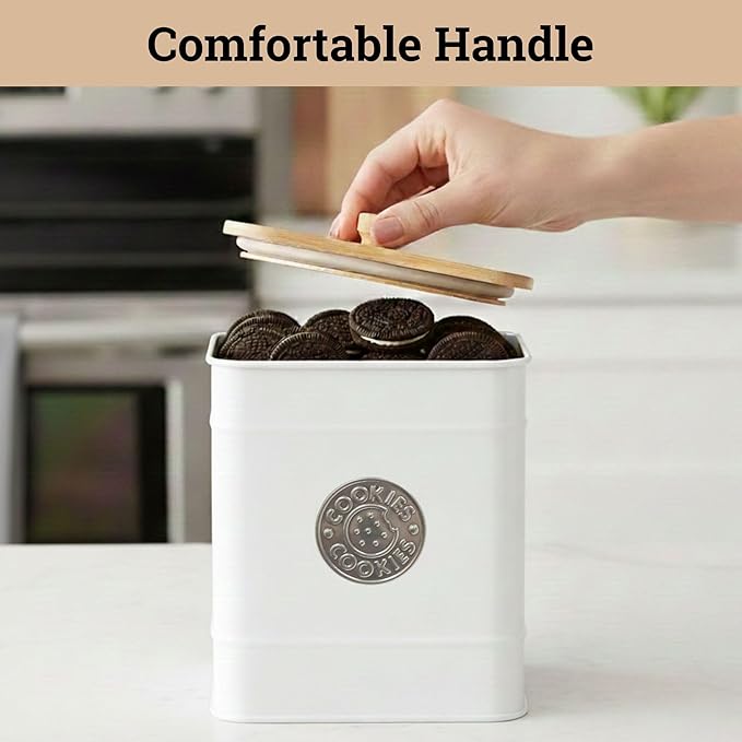 Cookie Jar with Airtight Lid - 1 Gallon - 6"D x 8"H White Iron Cookie Tin with Bamboo Lid - Large Cookie Jars with Lids Airtight - Farmhouse Cookie Jars for Kitchen Counter Decorative - Cookies Jar