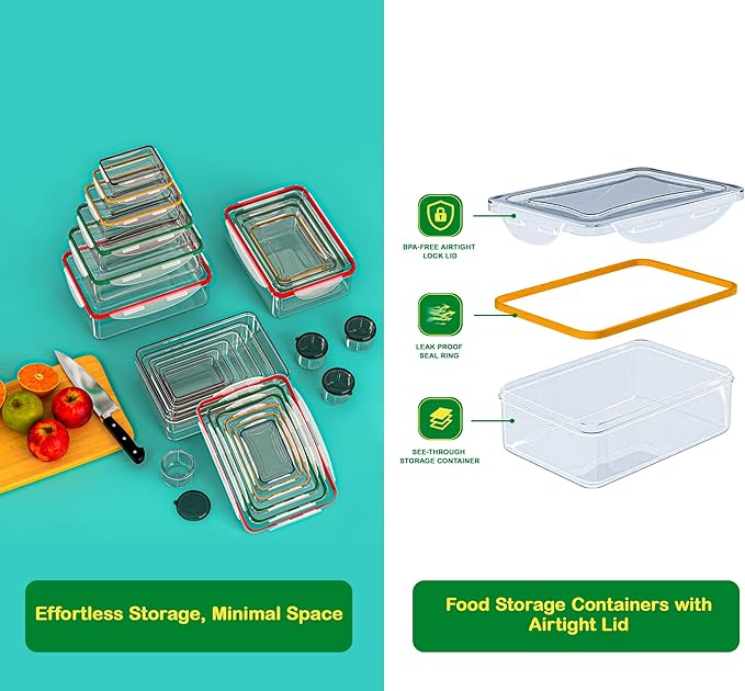 40 Pcs Food Storage Containers with Lids Airtight- Plastic Meal Prep Container for Pantry Kitchen Organization, Microwave, Dishwasher, Freezer Safe -100% Leak Proof (20 Stackable Boxes-20 Lids)