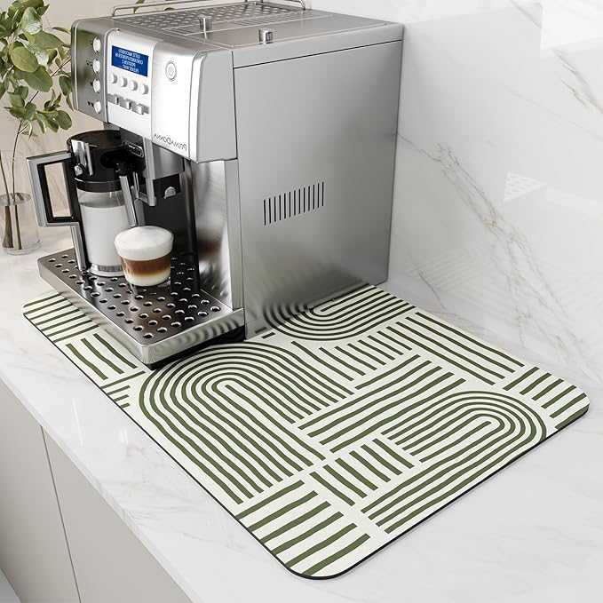 AMOAMI Coffee Mat Hide Stain Rubber Backed Absorbent Dish Drying Mat for Kitchen Counter - Fits Under Coffee Maker & Dish Rack - Green Line 12x19