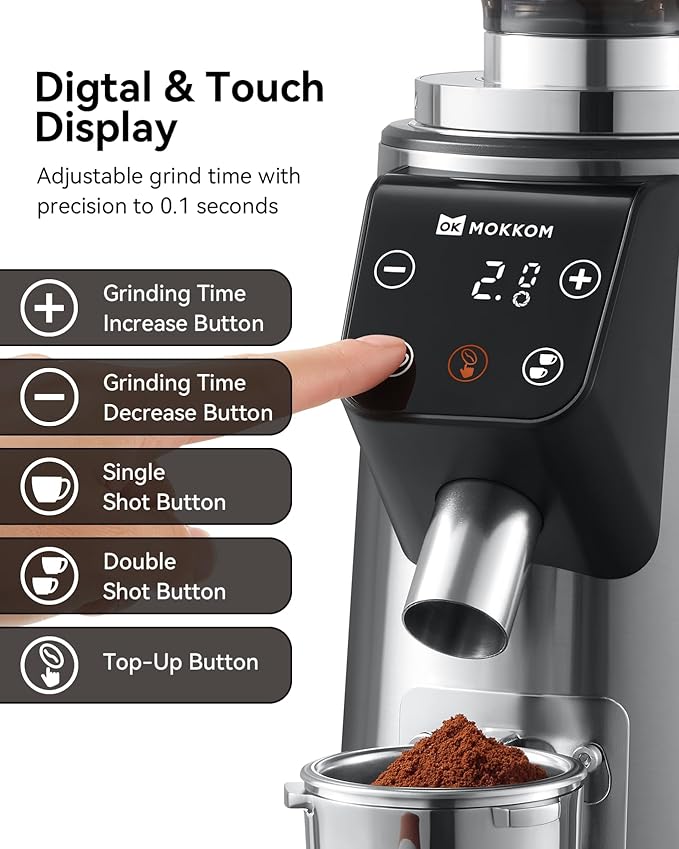 MOKKOM Professional 64mm Flat Burr Coffee Grinder with 100 Grind Settings, All-Metal Stainless Steel Body, Coffee Bean Grinder with Adjustable Electronic Timer, Anti-Static, LED Display