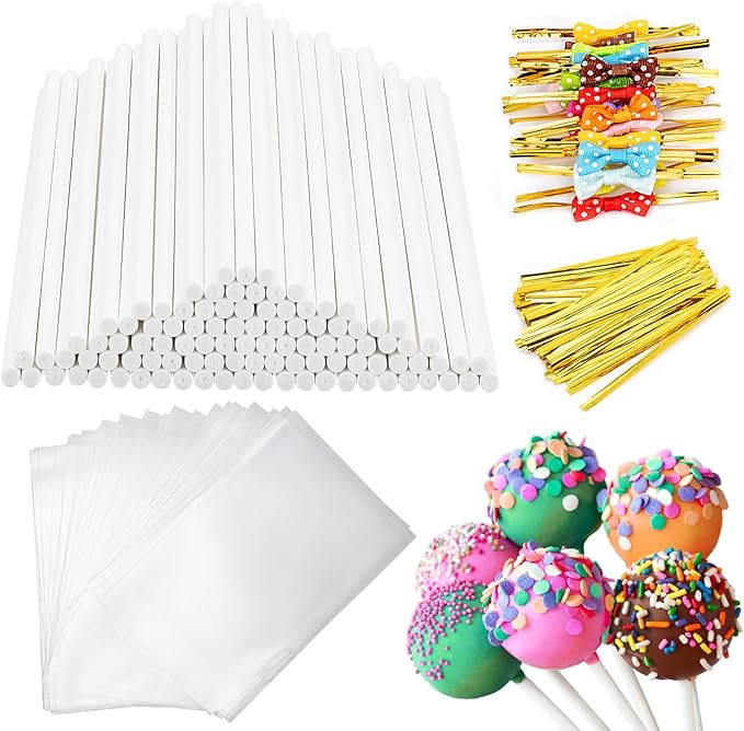 SOTMALTK 320Pcs Cake Pop Sticks and Wrappers Kit, 6inch Lollipop Sticks with Cake Pop Bags and Metallic Twist Ties Bow, Perfect for Making Lollipops,Candies,Chocolates and Cookies - Great for Parties