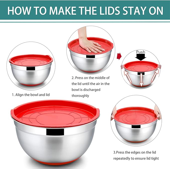 P&P CHEF Mixing Bowls With Lids, Set of 6, Stainless Steel Nesting Mixing Bowls & Fitting Lids & Non-Slip Silicone Bottom, Ideal for Mixing, Storing, Size 0.7/1/1.5/2.5/3/4.6 Qt, Multicolor