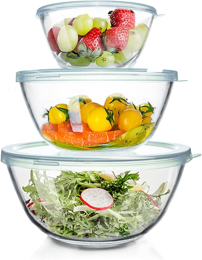 WhiteRhino Glass Mixing Bowls Glass Bowls with Lids Set(4.5QT,2.7QT, 1.1QT),Large Salad Bowls,glass mixing bowl Space-Saving Nesting Storage bowls for Cooking,Baking,Prepping,Dishwasher Safe