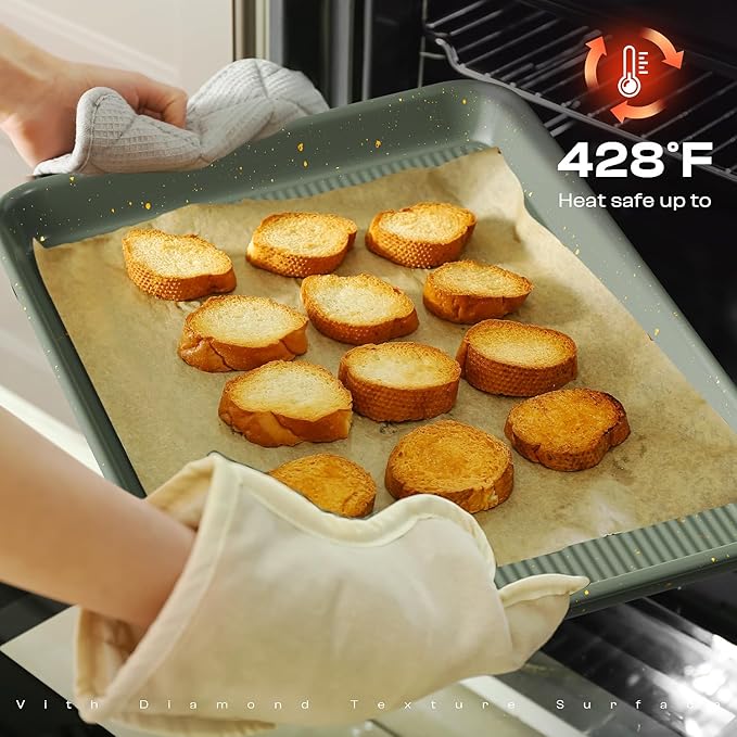 8-Piece Nonstick Bakeware Set, Stackable Oven Pan Set Includes Baking Sheet, Muffin Pan, Cake Pan, Square Pan, Loaf Pan, Cookie Sheet & Cooling Rack (Ceramic Coated Green)