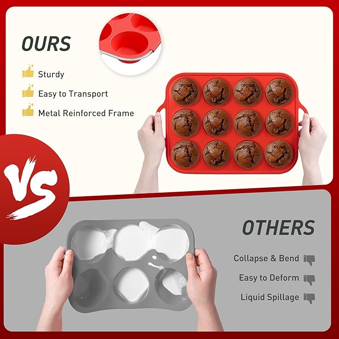 12 Cups Silicone Muffin Pan with Metal Reinforced Frame Regular Size Cupcake Pan Tray Egg Bites Silicone Circle Cookie Molds Muffin Tin Tart Pans Baking Sheet Set for Breakfast Sandwiches