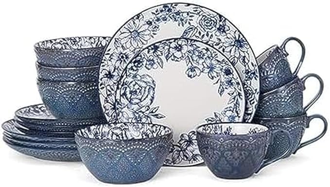 Pfaltzgraff Gabriela Blue 16-Piece Dinnerware Set, Service for 4, Durable Stoneware Plates, Bowls, and Mugs with Elegant Blue Pattern, Dishwasher Safe