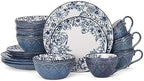 Pfaltzgraff Gabriela Blue 16-Piece Dinnerware Set, Service for 4, Durable Stoneware Plates, Bowls, and Mugs with Elegant Blue Pattern, Dishwasher Safe