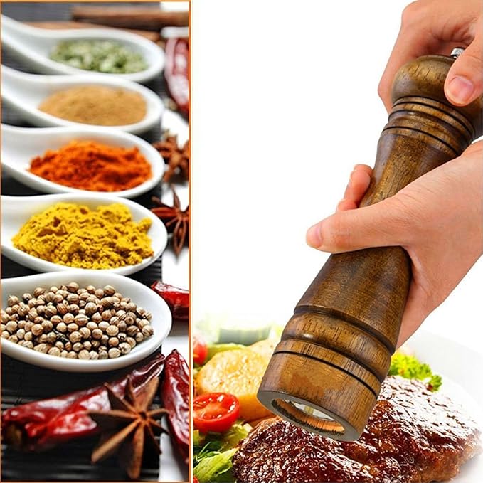 Wooden Pepper Mill Set Salt Black Pepper Grinder Kit Manual Mills Solid with Strong Adjustable Ceramic Grinders 2 Piece 8 Inches