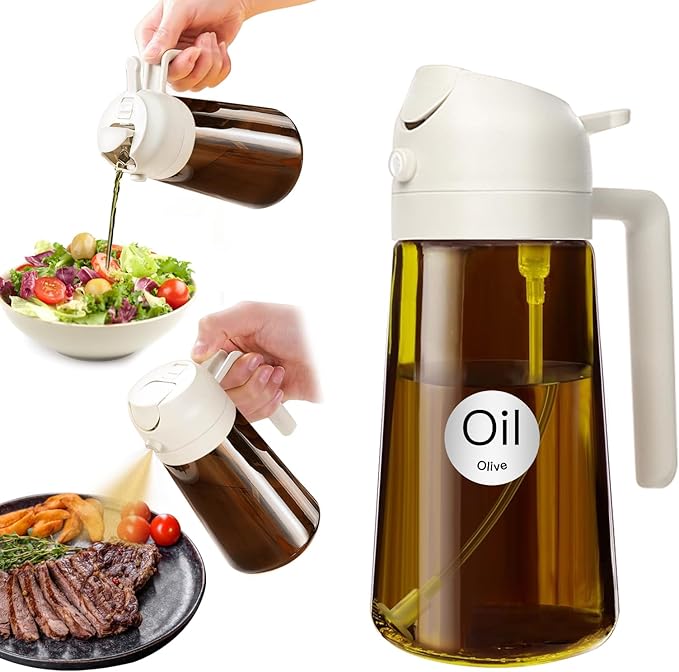 YARRAMATE 16oz/470ml Light Blocking Oil Sprayer for Cooking with Stickers, Food-Grade 2 in 1 Olive Oil Dispenser Bottle for Kitchen, Premium Dark Amber Glass Oil Bottle for Air Fryer, BBQ(White)