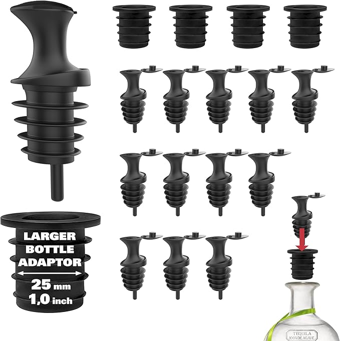 Esatto Pour & Seal Plastic Pourer with Lid - 12 Pieces & 4 Cork Adaptors for Precision Pouring, Pour Spouts for Bottles, Liquor Bottle Pourers for Alcohol & Olive Oil, Bar Bartender Accessories