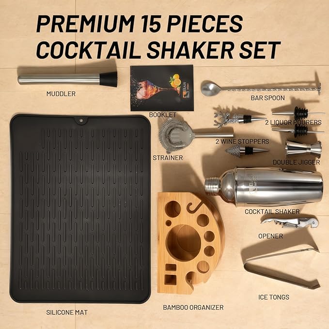 Silicone Pad Included Cocktail Shaker Set Bartender Kit,Mixology Bartender Kit 13-Piece with Bamboo Stand,Martini Shaker Kit with All Essential Accessory Tools for Drink Mixing Gift for him or her