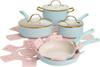 Paris Hilton Epic Nonstick Pots and Pans Set, Multi-layer Nonstick Coating, Tempered Glass Lids, Soft Touch, Stay Cool Handles, Made without PFOA, Dishwasher Safe Cookware Set, 12-Piece, Aqua