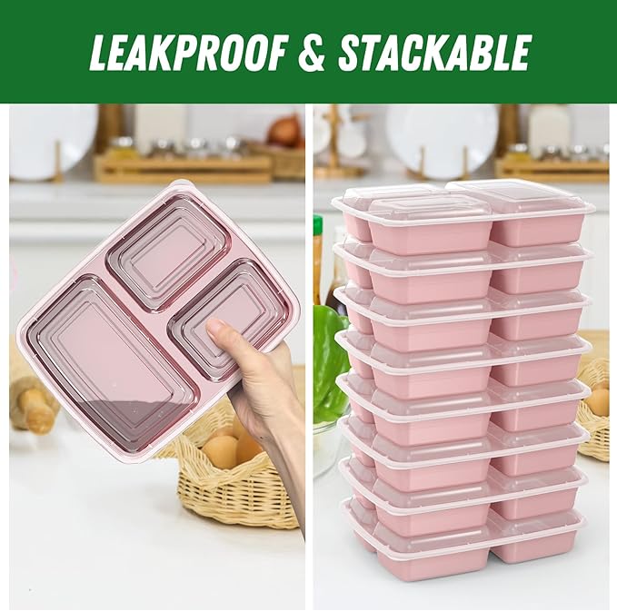 50 Pack (100-Piece) 32 oz Meal Prep Containers Reusable with Lids 3-Compartment, To Go Take Out Plastic Food Storage Containers, Sturdy Leakproof Food Safe, Microwave Freezer Dishwasher Safe, Pink