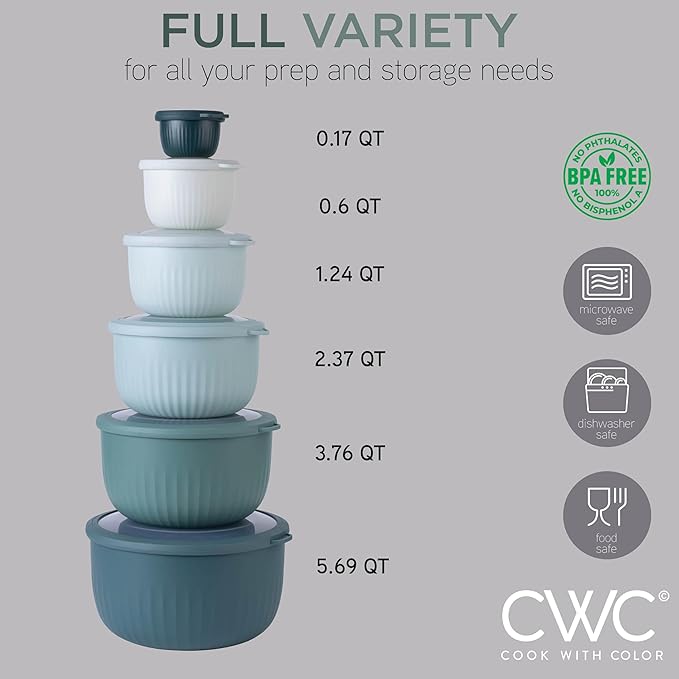 COOK WITH COLOR Prep Bowls with Lids- Wide and Deep Nesting Plastic Small Mixing Bowl Set with Lids, 12 Piece Set - Deep Bowls, Teal