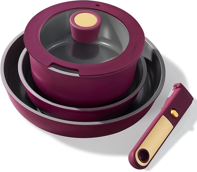 CAROTE Ceramic Pots and Pans Set, Nonstick Cookware Set Detachable Handle, 6pcs Induction Kitchen Cookware Sets Non Stick with Removable Handle, RV Cookware Set, Oven Safe, Purple