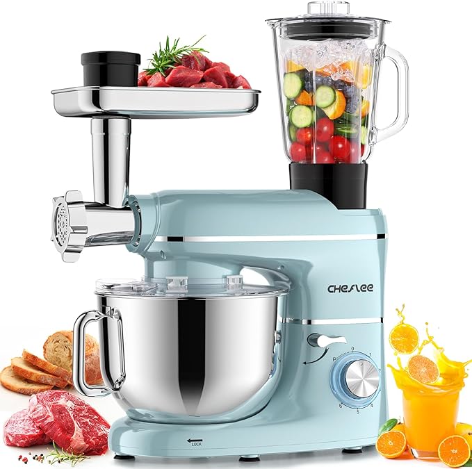 CHeflee Multifunctional Stand Mixer,660W, 6.5QT With Meat Grinder, Vegetable Slicer &1.5L Juice Blender,for Most Home Cooks,Blue