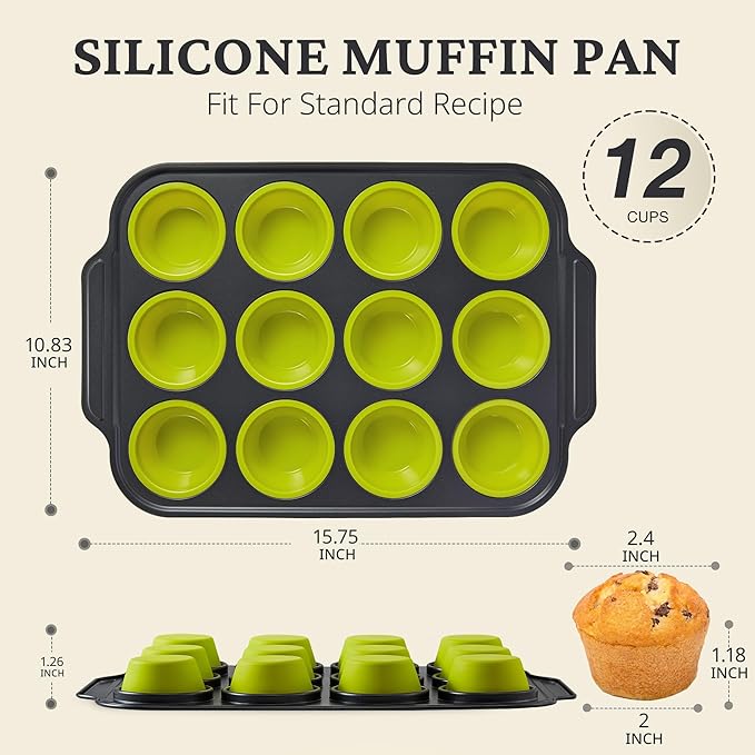 BRONYPRO Silicone Muffin Pans for Baking with Metal Frame, Egg Bite Maker Silicone Molds, Cupcake Pans 12 Regular Size, Muffin Tins Easy to Pop Nonstick Non Toxic Bakeware for Oven, Lime Green