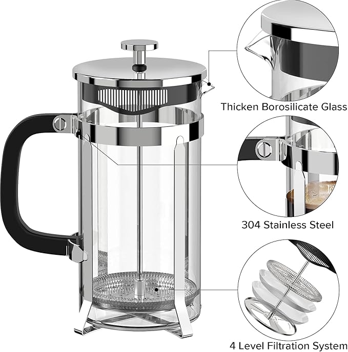 QUQIYSO French Press Coffee Maker 304 Stainless Steel French Press with 4 Filter, Heat Resistant Durable, Easy to Clean, Borosilicate Glass Coffee Press, 100% BPA Free Glass Teapot, 21 ounce, Silver