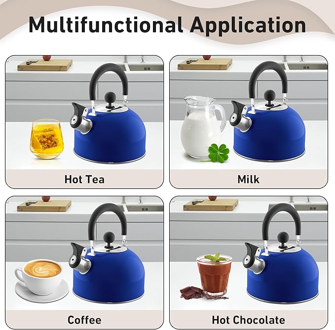 Lily's Home 2 Quart Stainless Steel Whistling Tea Kettle, the Perfect Stovetop Tea and Water Boilers for Your Home, Dorm, Condo or Apartment. (Blue)