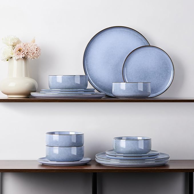 E-far 24-Piece Reactive Glaze Dinnerware Sets, Ceramic Dishes Set for 8, Stoneware Plates and Bowls Dinning Ware, Microwave & Dishwasher Safe - Ocean Blue