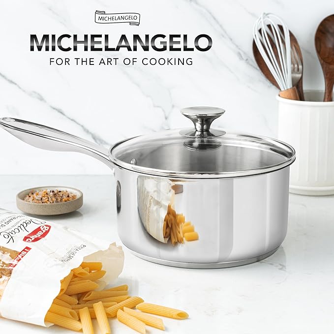 MICHELANGELO 3 Quart Saucepan with Lid, Thick Bottom Sauce Pan Stainless Steel Saucepan with Cover, Nonstick Sauce Pot, Induction Compatible