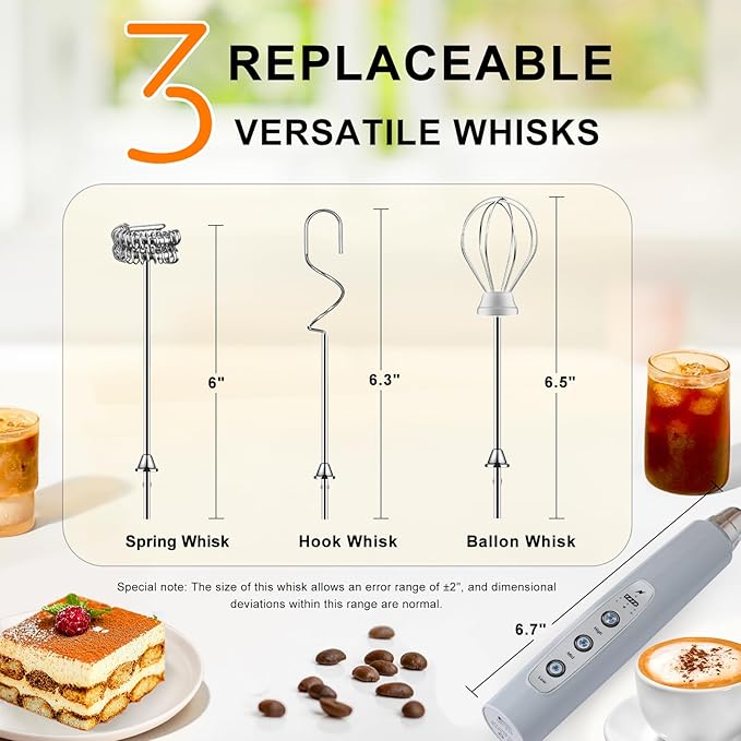 YUSWKO Handheld Milk Frother for Coffee, Rechargeable Drink Mixer with 3 Heads 3 Speeds Electric Whisk Coffee Frother For Latte, Cappuccino, Hot Chocolate, Egg - Cement Gray